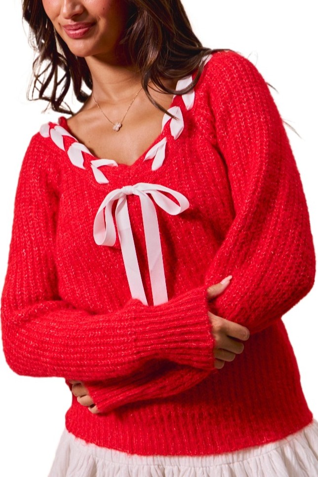 Satin Tape Braided Ribbon Tie V Neck Sweater Top