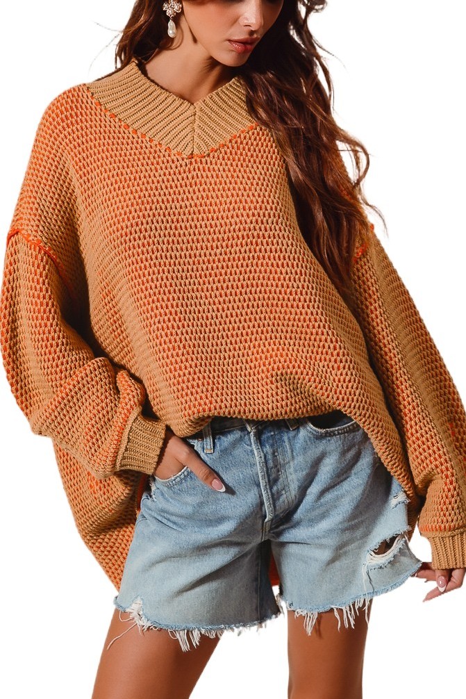 Oversized Two Tone Textured V Neck Sweater Top