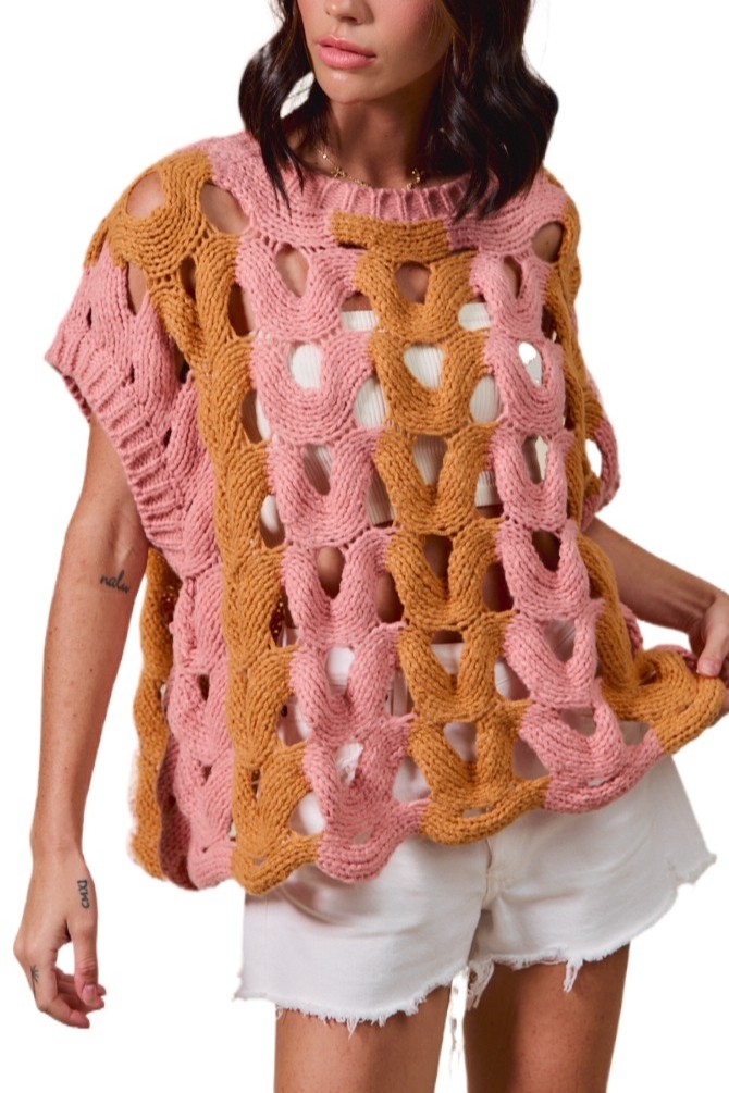 Color Block Open Knit Sweater Vest Top