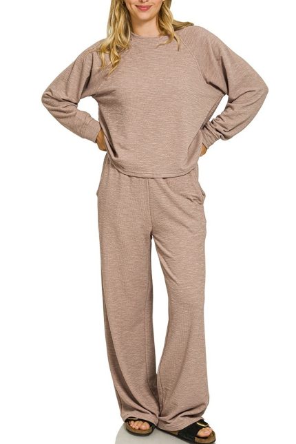 Plus Slub Long Sleeve Top And Pants 2pcs Set