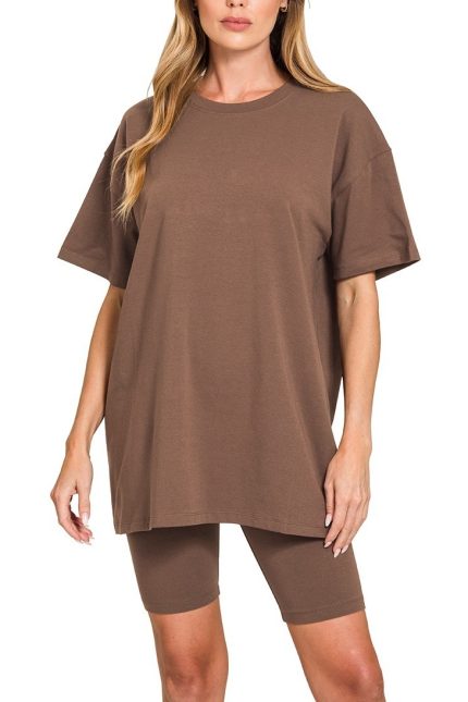 Plus Cotton Round Neck Top And Biker Shorts
