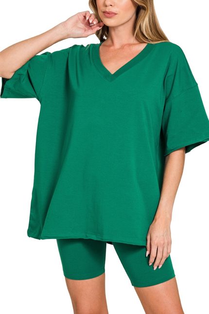 Cotton V-neck Top And Biker Shorts Set