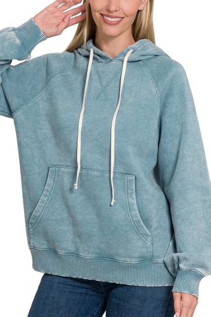 Acid Wash Fleece Hoodie With Pockets