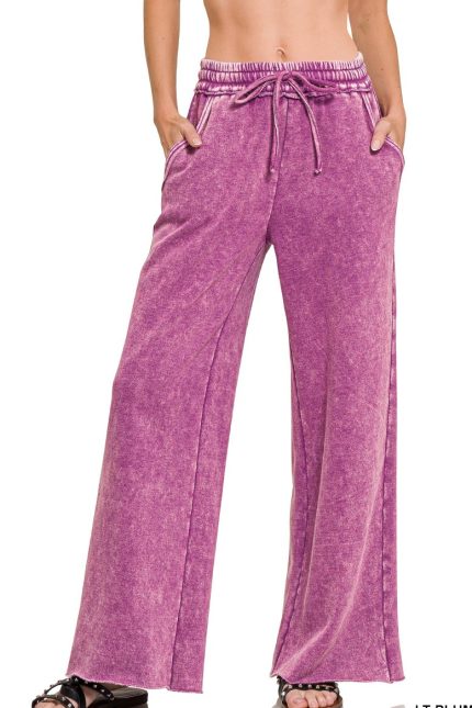 Acid Wash Fleece Palazzo Sweatpants With Pockets