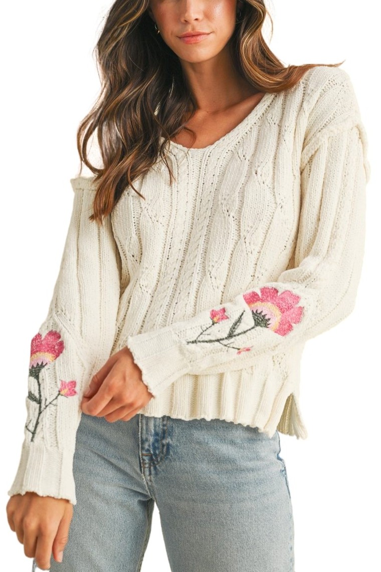 Flower Embroidered Sleeve Cable Sweater Top