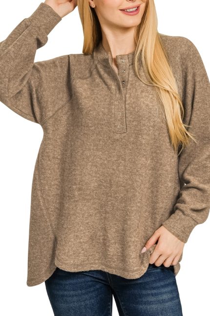 Brushed Melange Hacci Oversized Henley Sweater