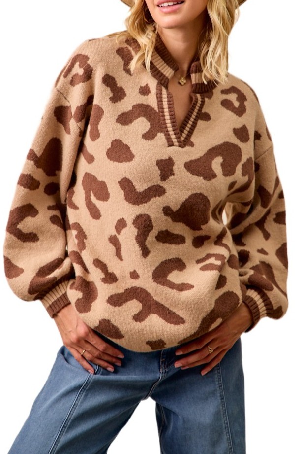 Leopard Printed Knit V Neck Banded Top