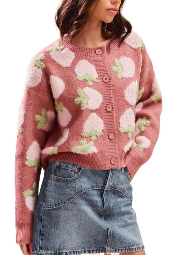 Strawberry Fruit All Over Button Sweater Cardigan