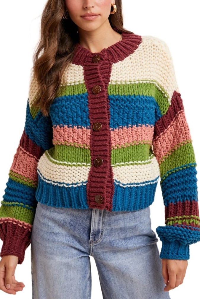 Chunky Multi Color Stripe Knit Cardigan