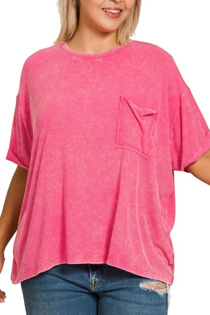 Plus Washed Ribbed Short Sleeve Round Neck Top