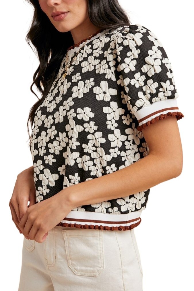 Flower Embossing Puff Sleeve Knit Top