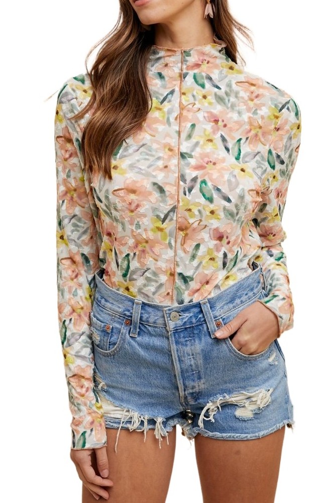 Textured Floral Print Mesh Mock Neck Top