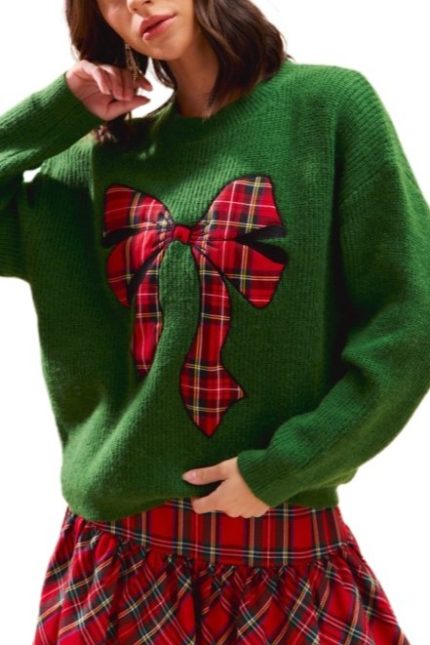Checker Plaid Ribbon Christmas Holiday Sweater Top