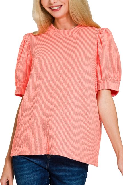 Raised Rib Puff Sleeve Top