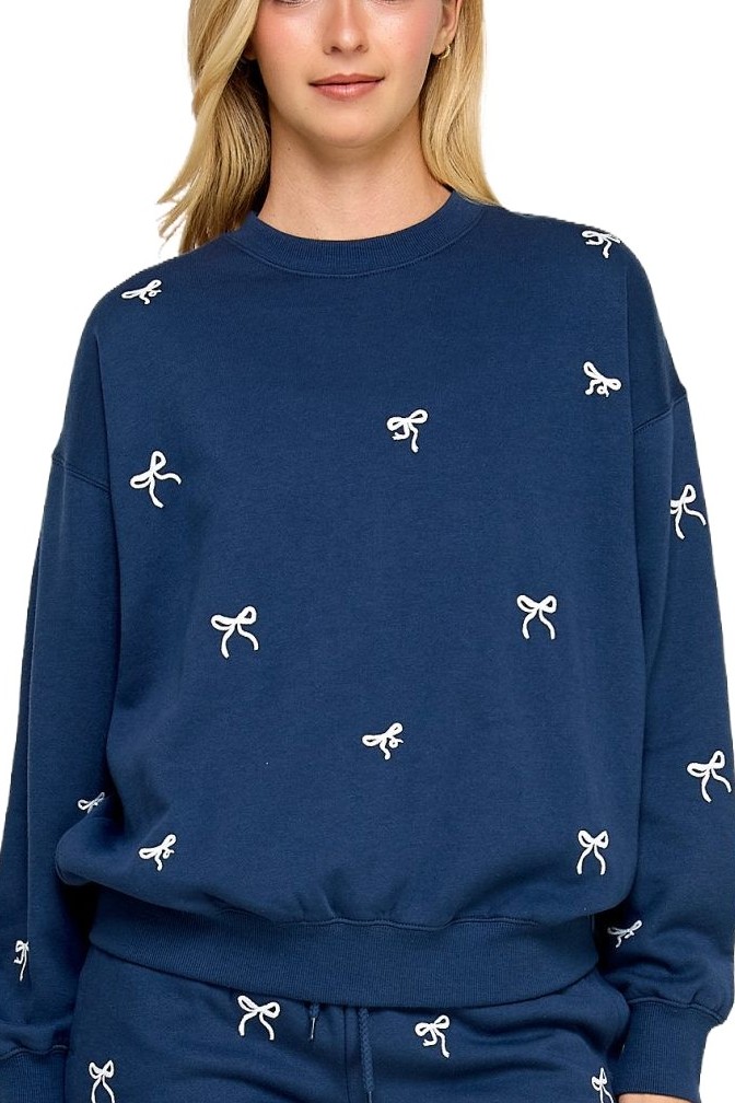Fleece Crew Neck Sweatshirt With Bow Embroidery