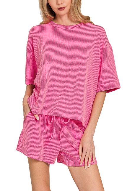 Corded Rib Short Sleeve Tee And Short Pants Set