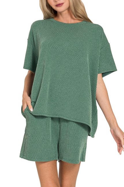 Corded Rib Short Sleeve Tee And Short Pants Set