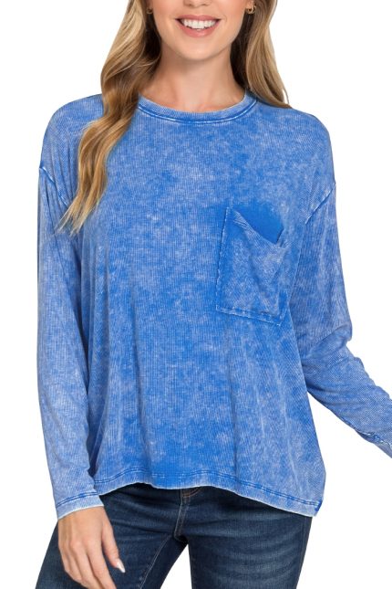 Washed Dolman Sleeve Round Neck Top With A Pocket