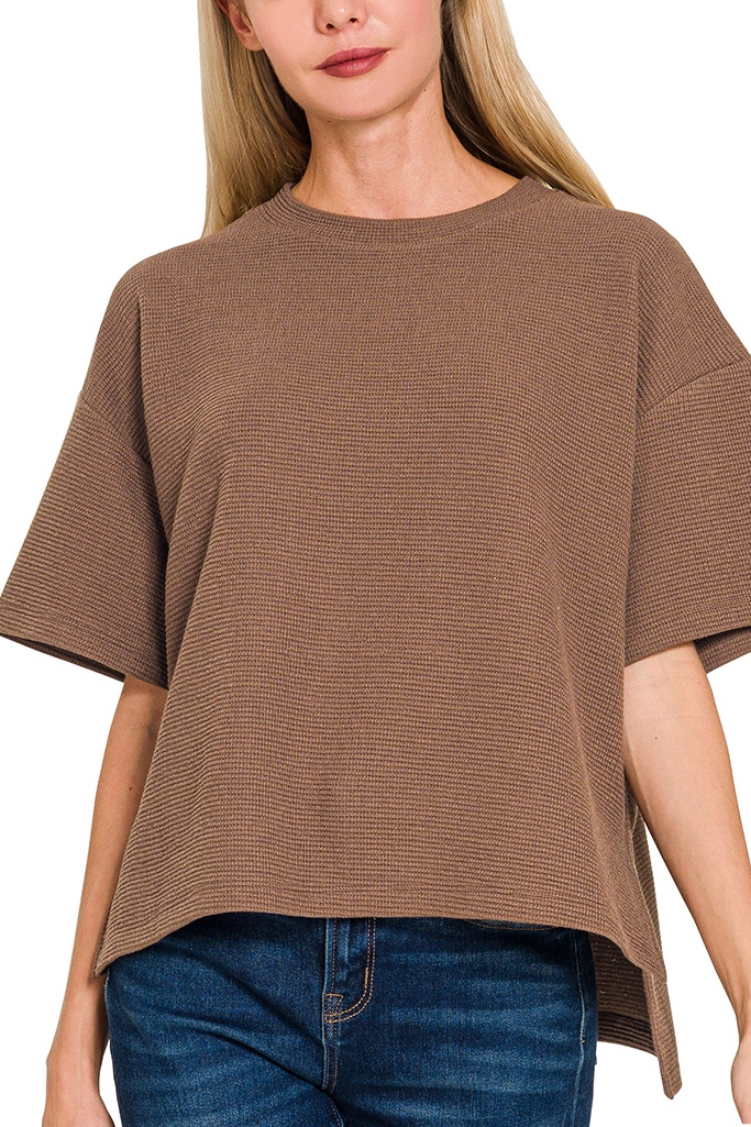 Double Knit Side Slits Hi Low Short Sleeve Top for wholesale by Vanilla Monkey
