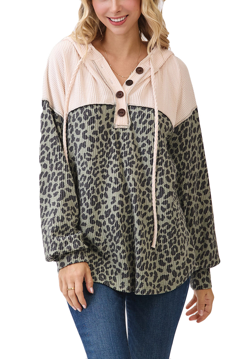 Leopard Print Button Front Drawstring Hoodie for wholesale by Vanilla Monkey