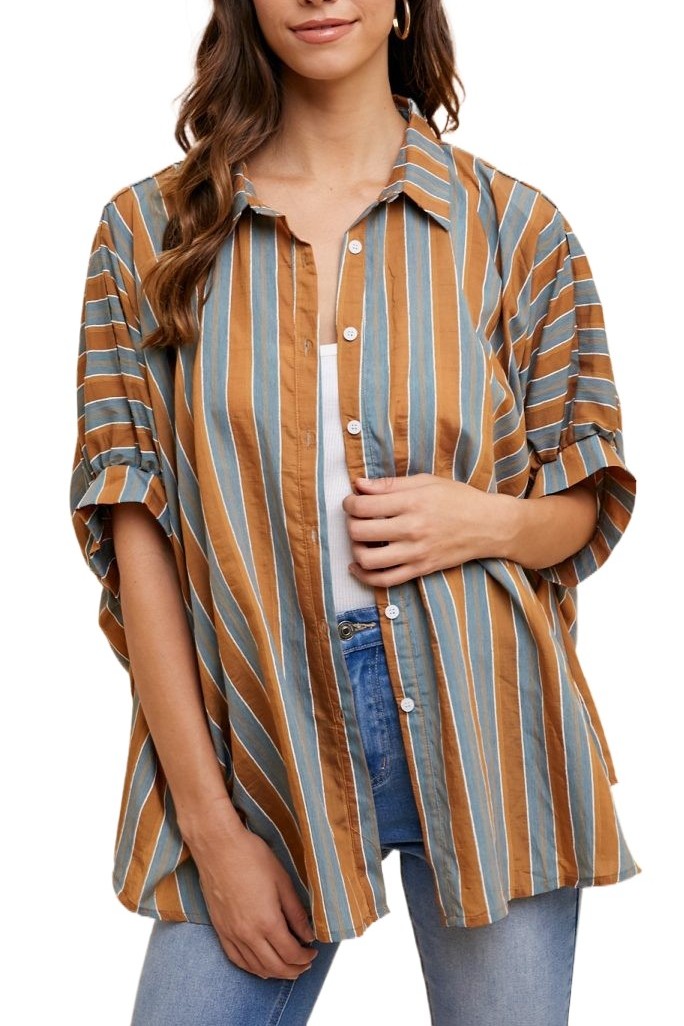 Oversized Drop Shoulder Striped Woven Blouse
