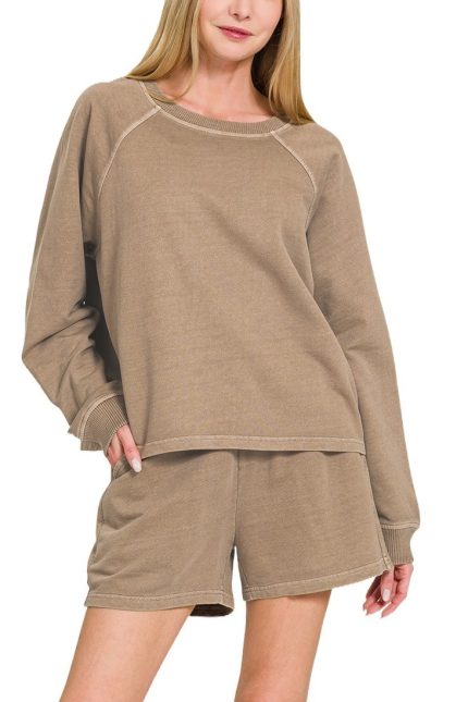 French Terry Pigment Dye+enzyme Wash Pullover & Short Set