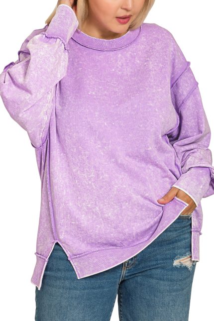 Plus Acid Wash F/terry Exposed-seam Sweatshirt
