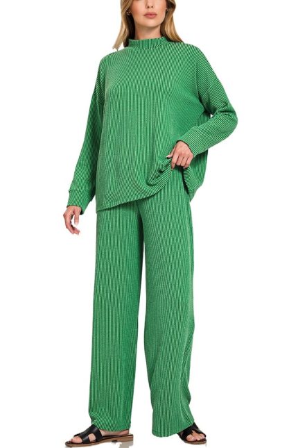 Raised Rib Mock Neck Long Sleeve Tee And Pants Set