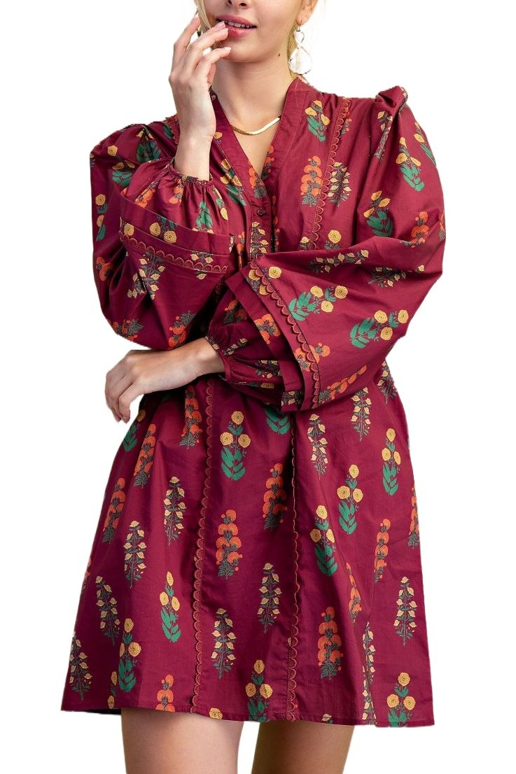 Floral Print Half Button Mini Dress