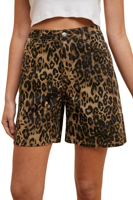 Stretch Leopard Print Bermuda Denim Mom Shorts