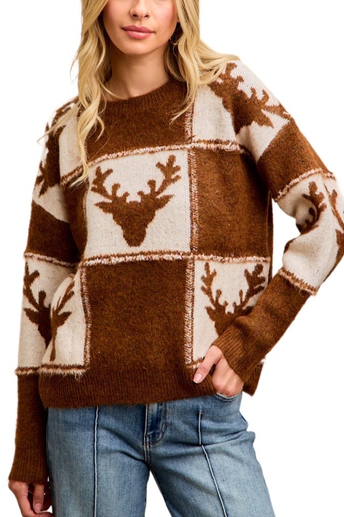 Rudolph Patterned Christmas Knit Top With Out Seam