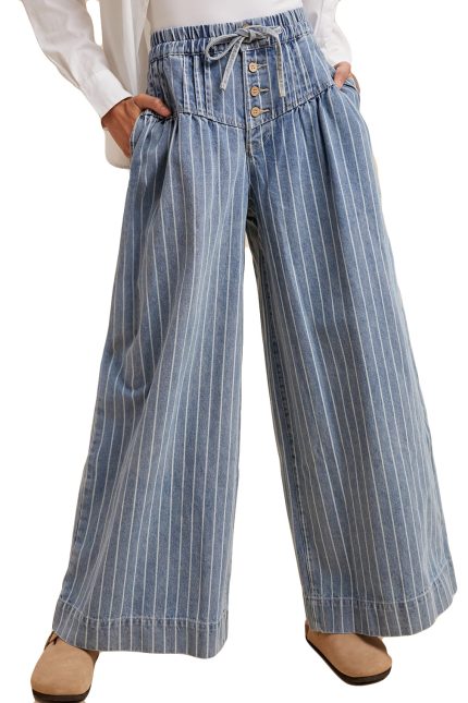Striped Denim Pin Tuck Detail Wide Leg Pants