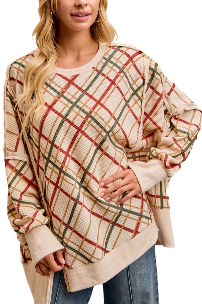 Christmas Plaid Print Waffle Sweatshirt Top