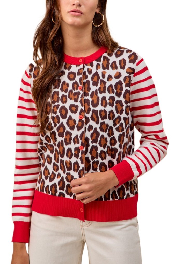 Leopard With Stripe Combo Buttoned Cardigan