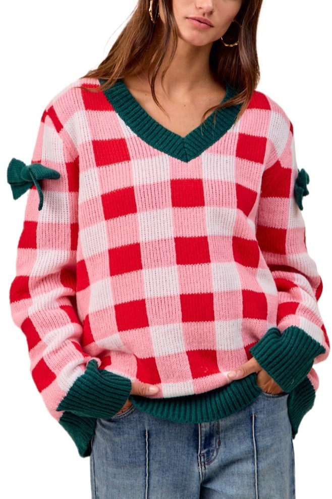 Christmas Theme Checker Board V Neck Sweater Top