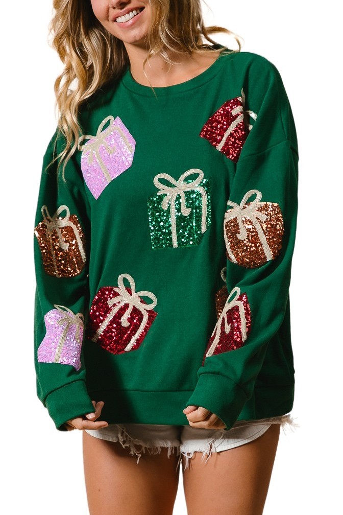 Sequin Christmas Gift Box Embroideries Pullover