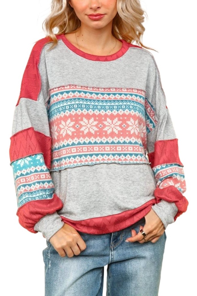 Snow Flake Pattern Print Pullover Top
