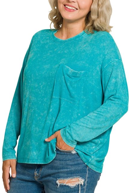 Plus Washed Ribbed Dolman Sleeve Round Neck Top
