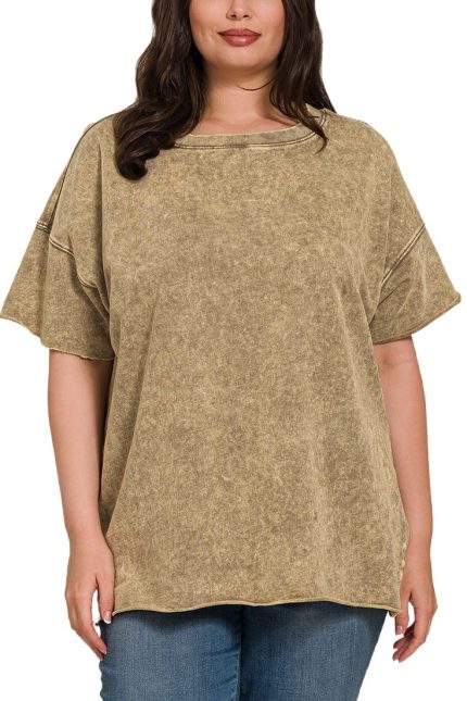 Plus Acid Wash French Terry Drop Shoulder Top