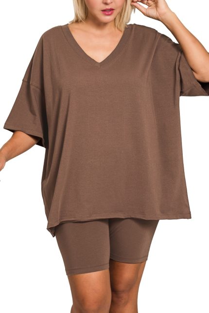 Plus Cotton V-neck Top And Biker Shorts Set