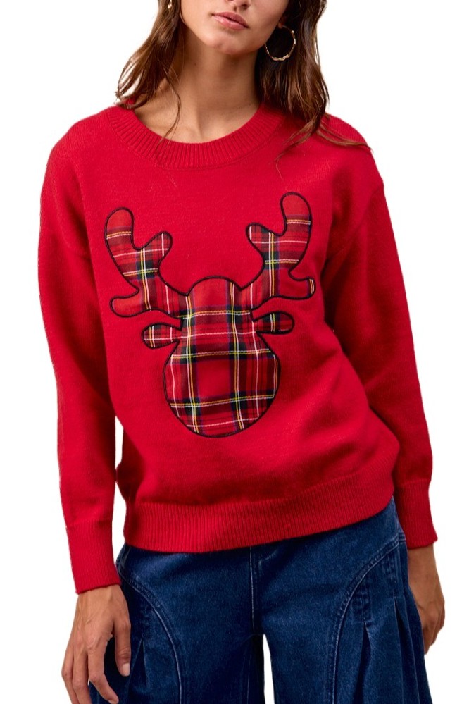 Christmas Plaid Rudolph Knit Top