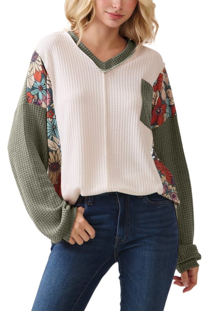 Waffle Knit Floral Contrast V Neck Long Sleeve Top