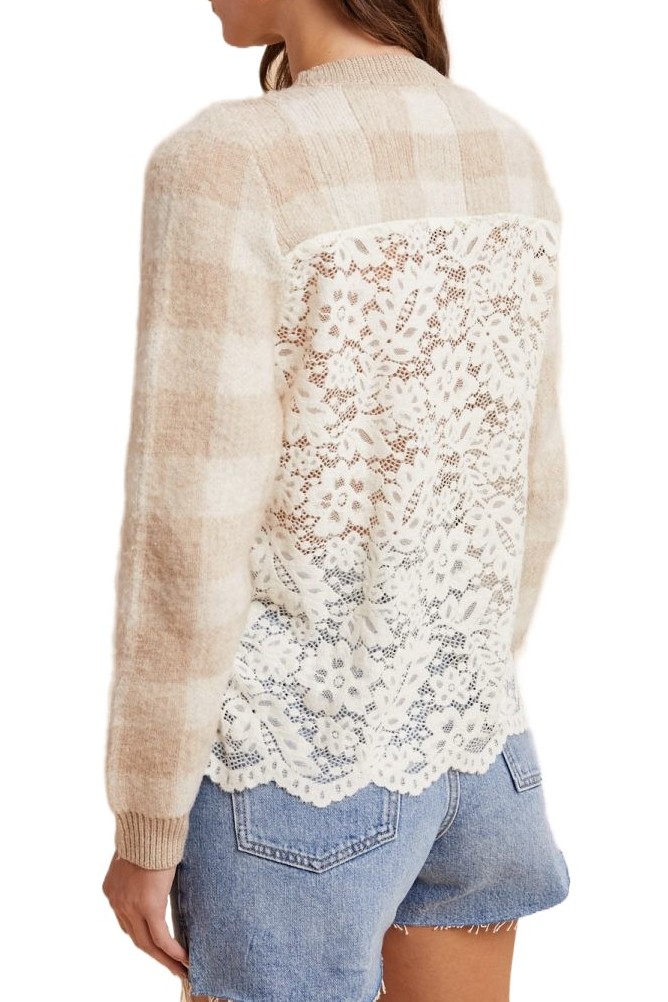 Checker Mesh Lace Back Detail Sweater