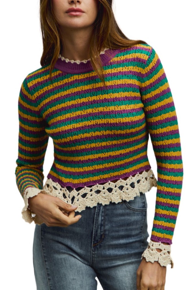 Mardi Gras Stripe Sweater Top With Crochet Edge