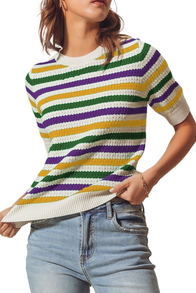 Mardi Gras Crew Neck Stripe Breathable Sweater Top