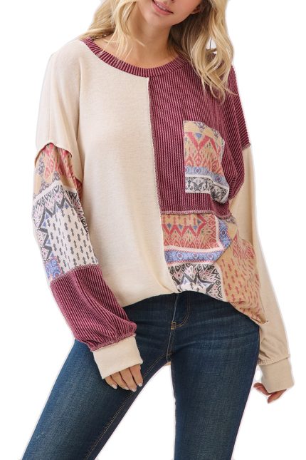 Patchwork Front Pocket Long Sleeve Top