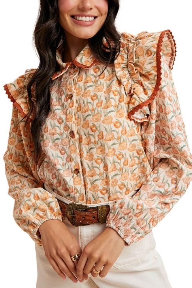 Floral Print Corduroy Ruffled Shoulder Blouse