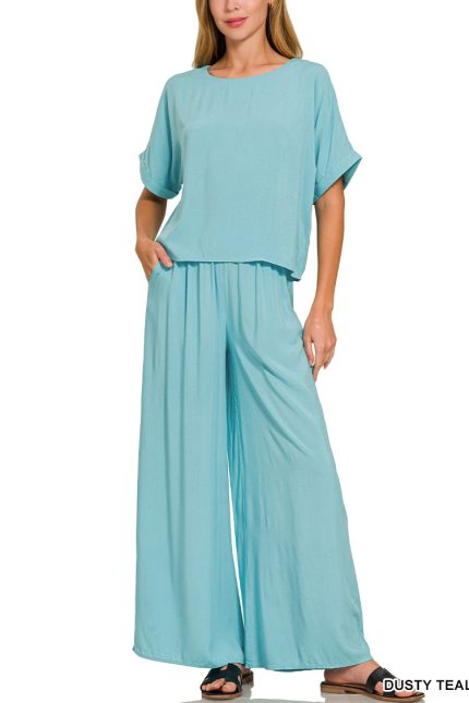 Woven Short Sleeve Long Pants Set
