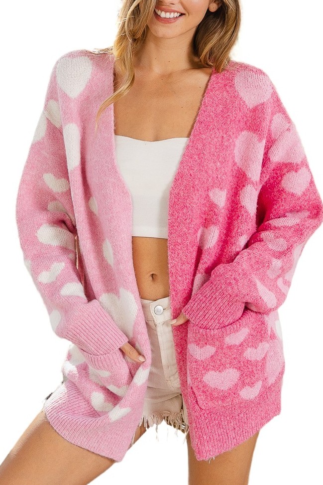 Heart Color Block V-neck Knit Cardigan Pockets