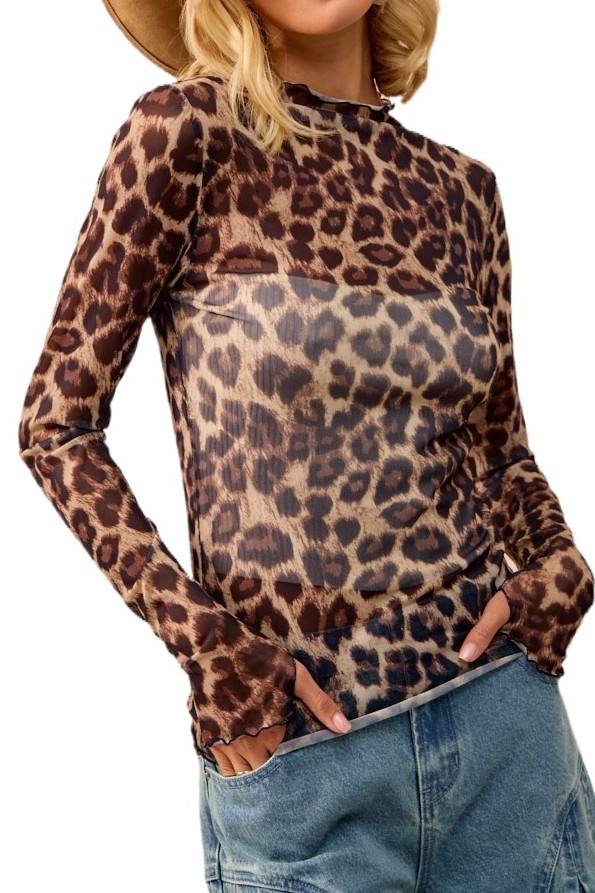 Mesh Leopard Printed Top With Long Sleeves